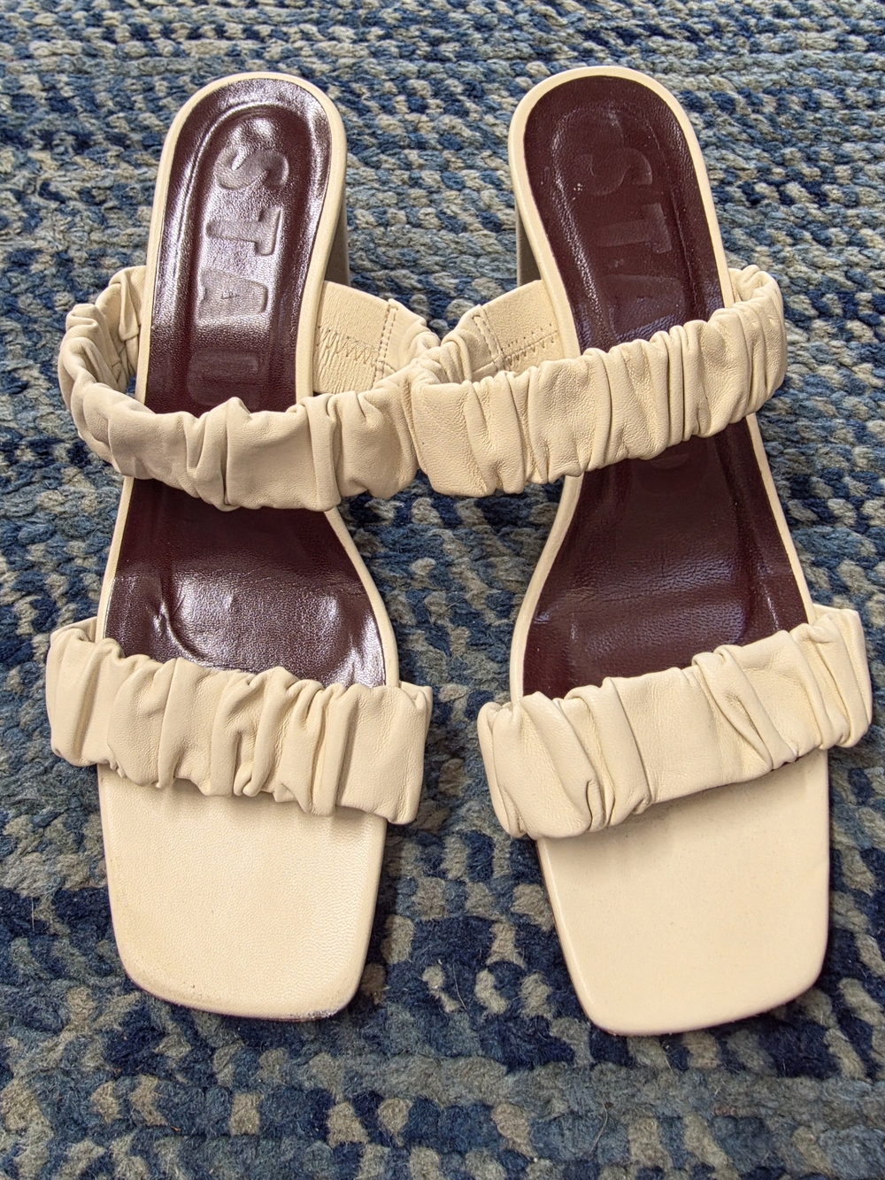STAUD Beige Ruched Double-Strap Slide Sandals